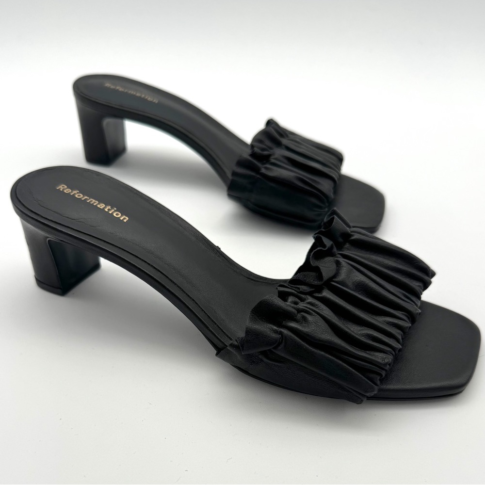Reformation Black Ruffled Mules